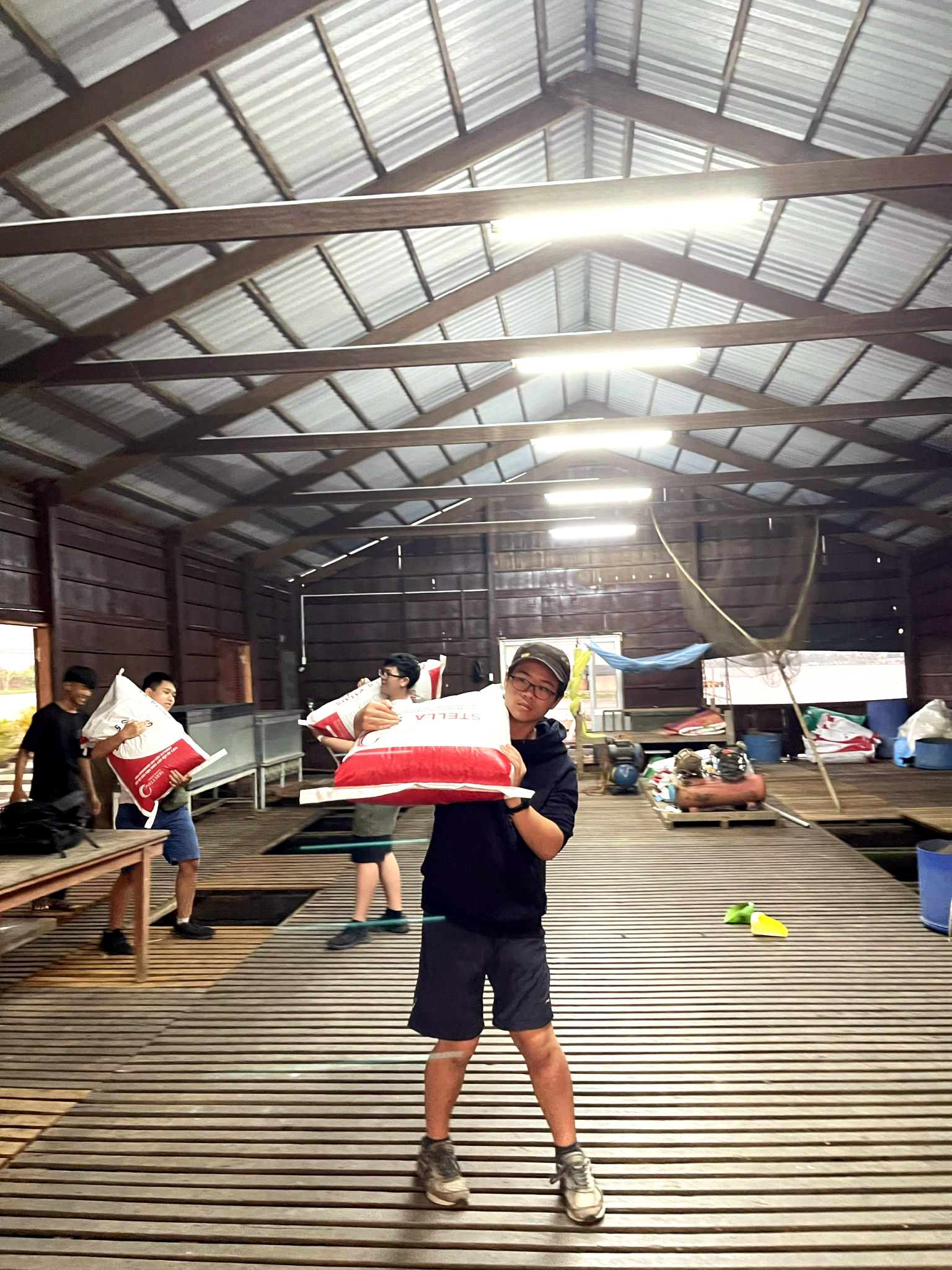 cả nhóm học cách bốc vác tại bè cá 